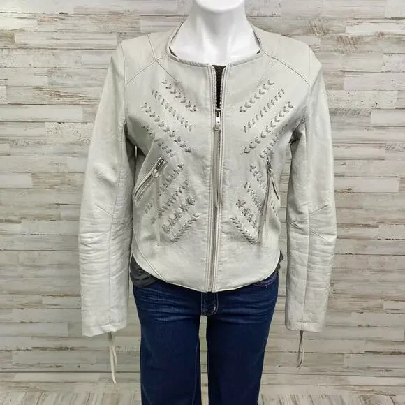 BlankNYC Moto Faux Leather Jacket Womens Size M Gray Lacing Fringe Zip Front - Picture 1 of 16
